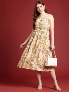 all about you Women Fit and Flare Beige Midi/Calf Length Dress