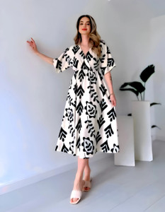 Shumeera Women Fit and Flare White, Black Midi/Calf Length Dress