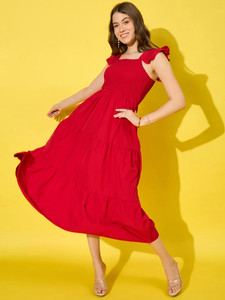 DIMPY GARMENTS Women Fit and Flare Red Maxi/Full Length Dress