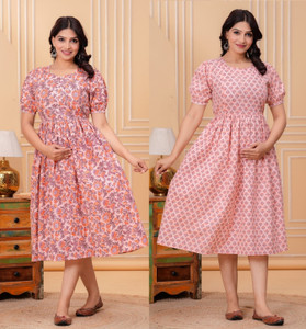 Yuwan Enterprises Women Gathered White, Blue Below Knee Dress