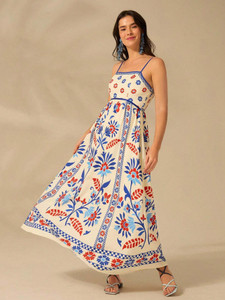 Honky Tonky Women Fit and Flare Beige, Blue Maxi/Full Length Dress