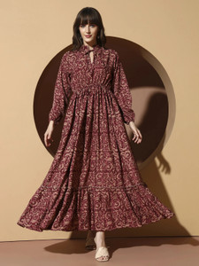 ZWERLON Women A-line Maroon Maxi/Full Length Dress