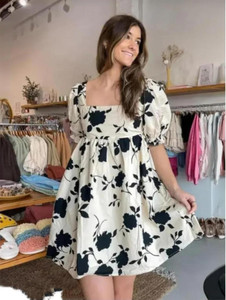 ROSHTA Women Fit and Flare White, Black Knee Length Dress