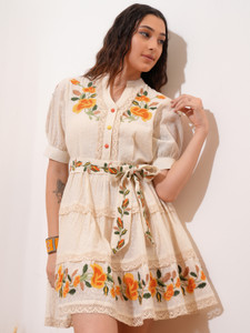 Vishudh Women Drop Waist White Above Knee/Mid Thigh Length Dress