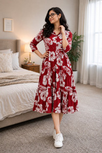 L. G. Fashion Women Fit and Flare Maroon Below Knee Dress