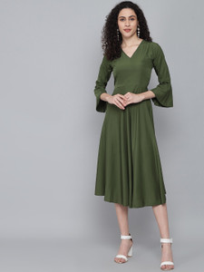 Rudraaksha Women Fit and Flare Green Midi/Calf Length Dress
