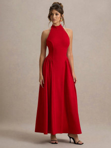 Traquila Women Fit and Flare Red Maxi/Full Length Dress