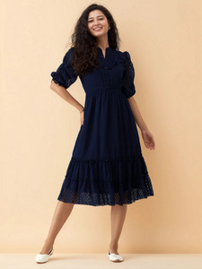 AASK Women Fit and Flare Dark Blue Below Knee Dress