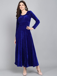 CHEVIOUT Women A-line Dark Blue Maxi/Full Length Dress