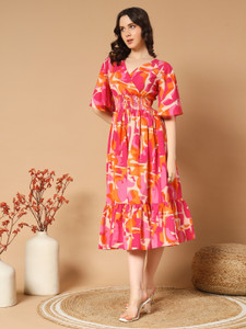 ZWERLON Women A-line Orange Midi/Calf Length Dress