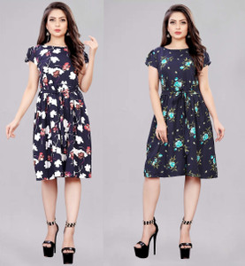 Modli 20 Fashion Women Skater Blue Knee Length Dress