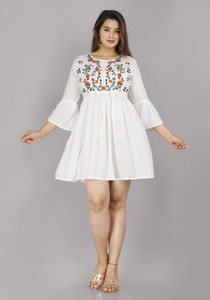 MARISY Women A-line White Above Knee/Mid Thigh Length Dress