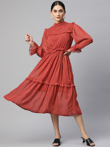 PLUSS Women Fit and Flare Red Midi/Calf Length Dress