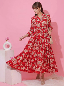 Honky Tonky Women Fit and Flare Red, Beige Maxi/Full Length Dress