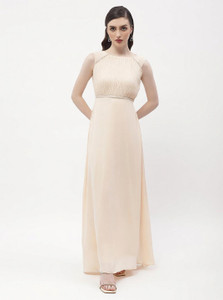 MADAME Women A-line Beige Maxi/Full Length Dress