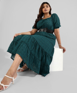 Instafab Plus Women A-line Dark Green Above Knee/Mid Thigh Length Dress