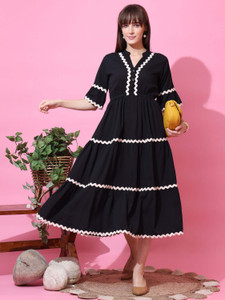 Honky Tonky Women Fit and Flare Black Midi/Calf Length Dress