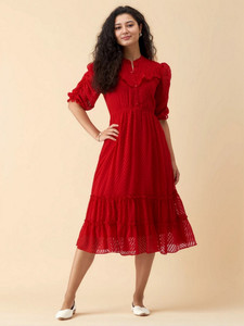 AASK Women Fit and Flare Red Below Knee Dress