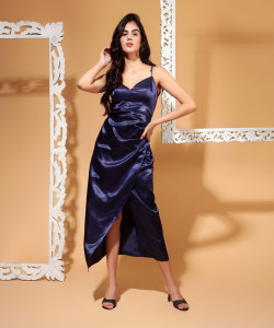 DRAPE AND DAZZLE Women Ruffled Dark Blue Midi/Calf Length Dress
