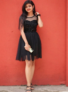 Rebikatrendz Women Fit and Flare Black Knee Length Dress