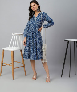 Janasya Women Fit and Flare Blue Below Knee Dress