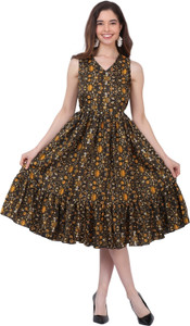 MUZUN Women Fit and Flare Yellow Knee Length Dress