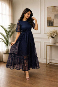 MANTHAN CRETION Women Fit and Flare Blue Maxi/Full Length Dress