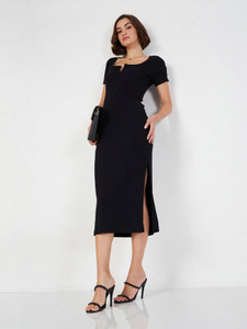 SASSAFRAS Women Bodycon Black Midi/Calf Length Dress