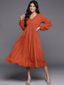 Varanga Women A-line Brown Midi/Calf Length Dress