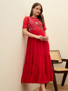 SASSAFRAS Women Tiered Red Below Knee Dress