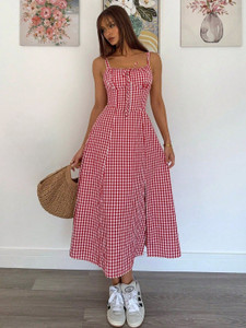 Aahwan Women Fit and Flare Red, White Midi/Calf Length Dress