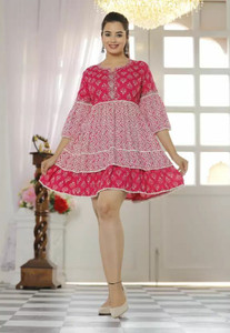 RILAKE Women A-line Pink, White Above Knee/Mid Thigh Length Dress