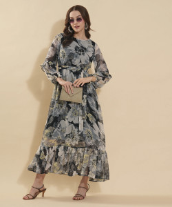 FashFun Women Fit and Flare Black, Beige Maxi/Full Length Dress