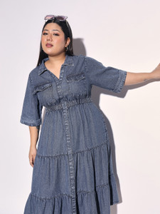 SASSAFRAS Curve Women Fit and Flare Dark Blue Midi/Calf Length Dress