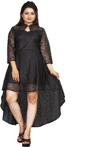 HIALTO Women High Low Black Above Knee/Mid Thigh Length Dress