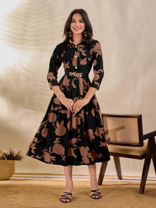 Fancy Flair Women A-line Black Knee Length Dress