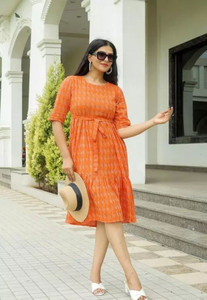UNIFYFASHION Women A-line Orange Midi/Calf Length Dress - Buy