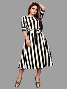 ATHARAVA FAB Women A-line Black, White Knee Length Dress