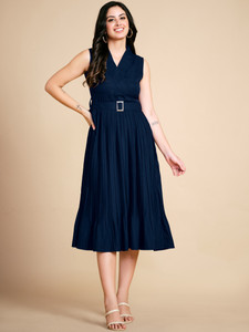 Glomee Women Fit and Flare Dark Blue Midi/Calf Length Dress