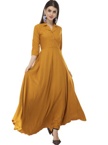 Rudraaksha Women Maxi Yellow Full Length Dress With Mask