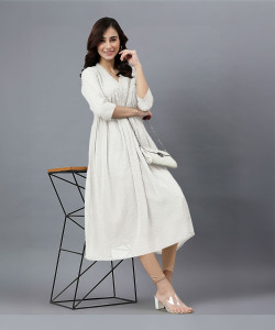 Janasya Women A-line White Midi/Calf Length Dress