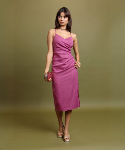 Tokyo Talkies Women Ribbed Pink Midi/Calf Length Dress