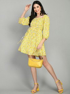 PREETY LOVING THING Women Fit and Flare Yellow, White, Dark Green Mini/Short Dress