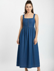 Skin Beauty Women A-line Blue Ankle Length Dress