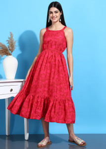HIVA TRENDZ Women Ruffled Pink Midi/Calf Length Dress