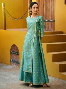 Janasya Women Fit and Flare Light Green Maxi/Full Length Dress