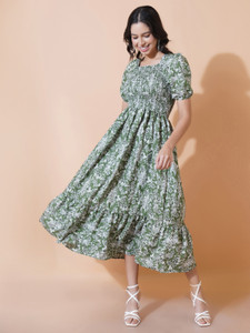 OTABU Women Fit and Flare Dark Green, White, Blue Midi/Calf Length Dress