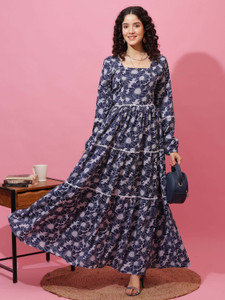 Honky Tonky Women Fit and Flare Blue Maxi/Full Length Dress