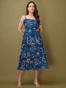 PURVAJA Women Layered Blue Midi/Calf Length Dress