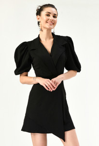 SFOTY Women Wrap Black Above Knee/Mid Thigh Length Dress